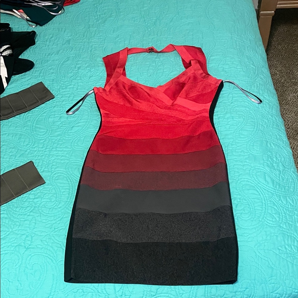 Herve Leger Red and Black Gradient Mini Dress